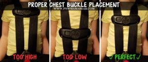 Proper placement for the CHEST buckle is even with the armpits. --PNW MAMA BEAR--