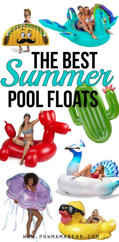 The Best Pool Floats for Summer by PNW Mama Bear! Click here to see over 25 fun, wild and unique floats, like Mermaids, Unicorns, Pineapples, flamingo, tacos, palms, cupcakes, anchor, star wars and more! Summer - Sunny Weather - Lake - Ocean - Camping Trip - Vacation - Millennial - Friends - Instagram Worthy - Drone Shot.